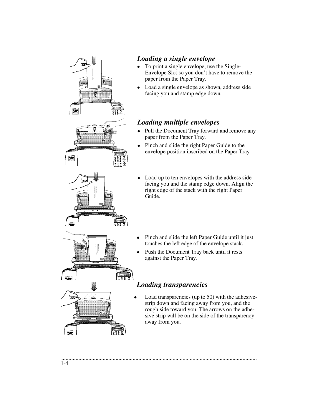 HP 700 manual Loading a single envelope, Loading multiple envelopes, Loading transparencies 