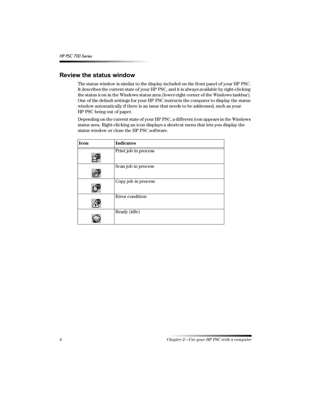 HP 700 manual 5HYLHZWKHVWDWXVZLQGRZ, Icon Indicates 