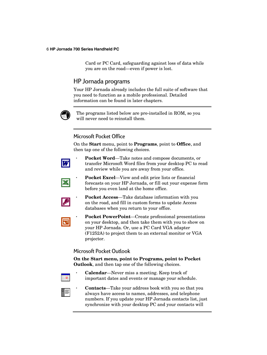 HP 700 manual HP Jornada programs, Microsoft Pocket Office, Microsoft Pocket Outlook 