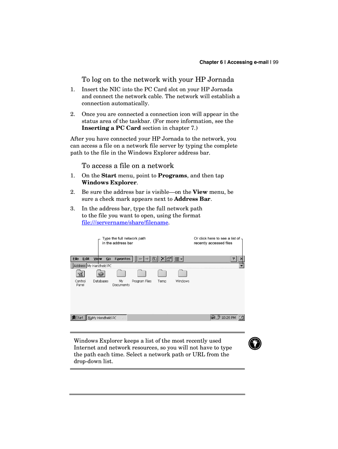 HP 700 manual To log on to the network with your HP Jornada, To access a file on a network 