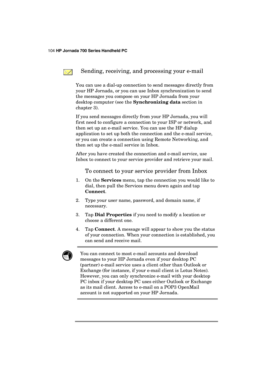 HP 700 manual Sending, receiving, and processing your e-mail, To connect to your service provider from Inbox 