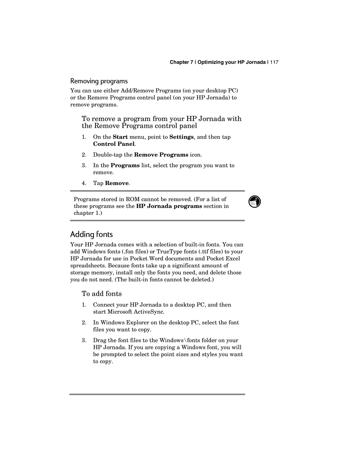 HP 700 manual Adding fonts, Removing programs, To add fonts 