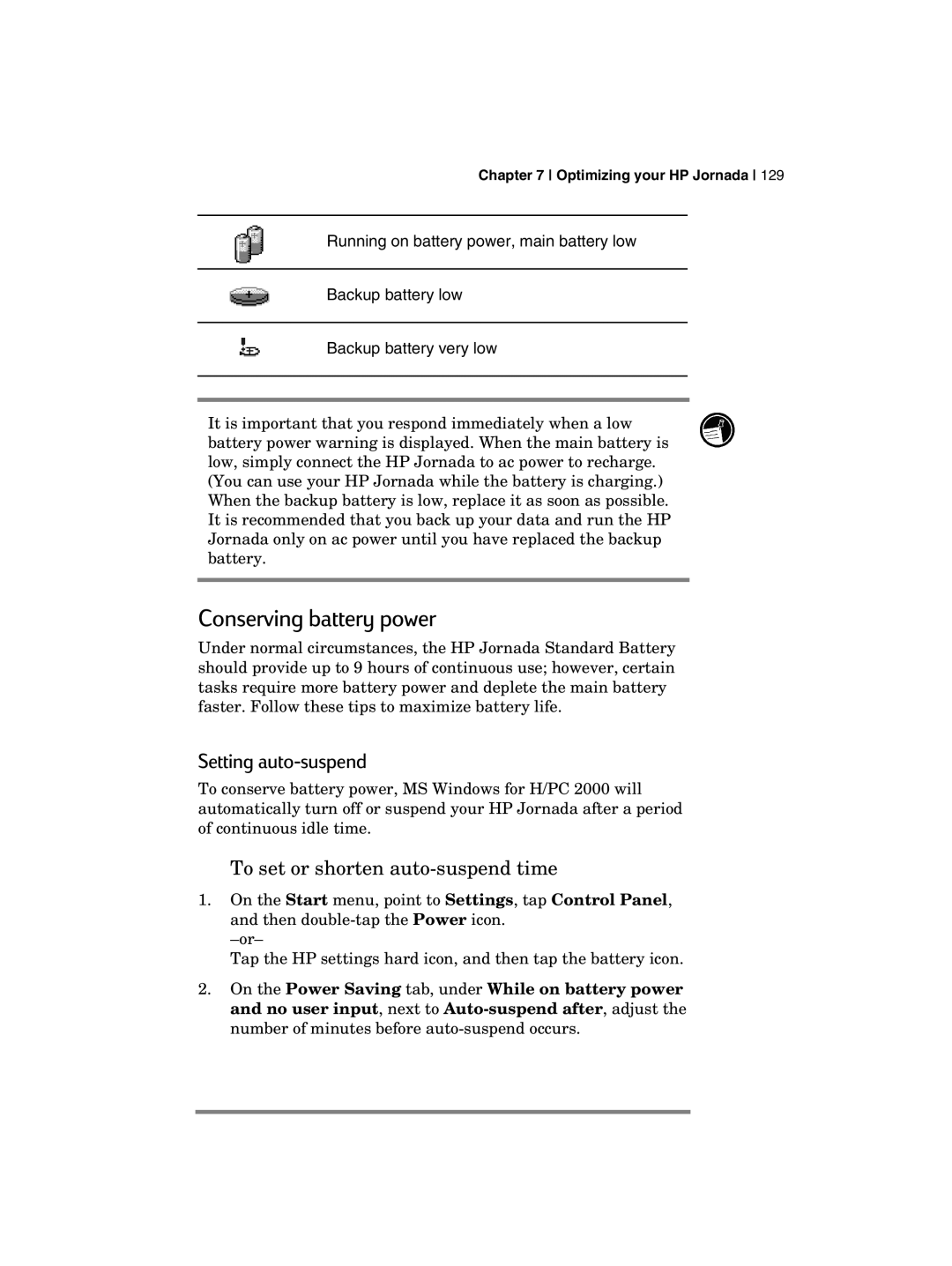 HP 700 manual Conserving battery power, Setting auto-suspend, To set or shorten auto-suspend time 