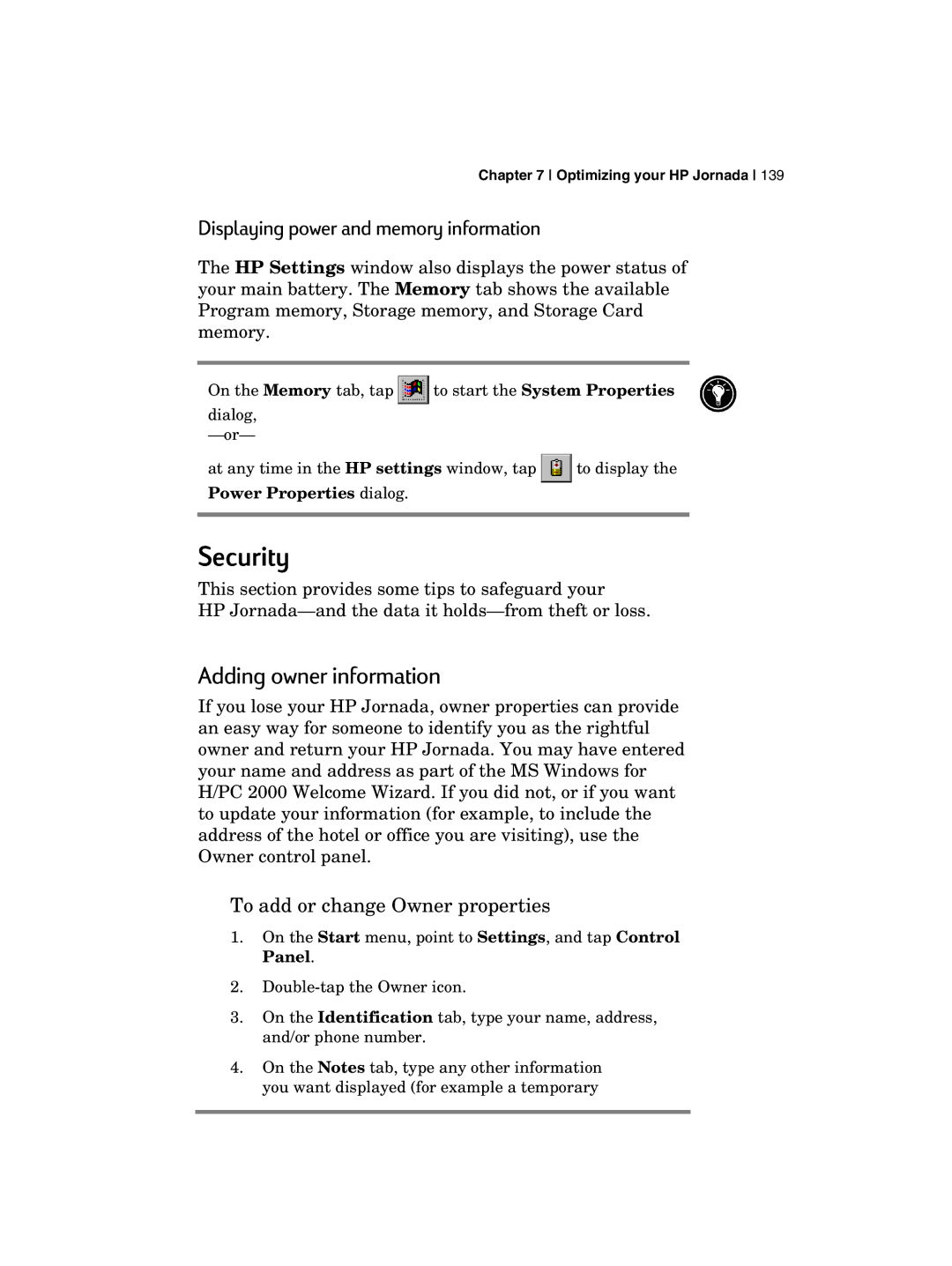 HP 700 manual Security, Displaying power and memory information, To add or change Owner properties 