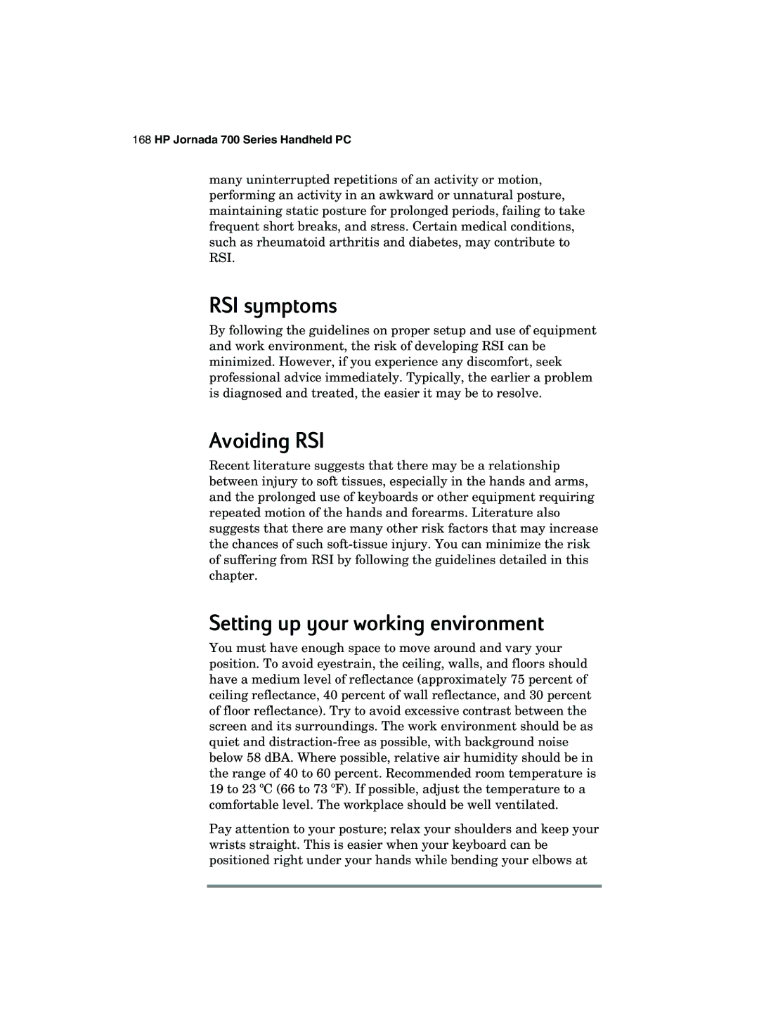 HP 700 manual RSI symptoms, Avoiding RSI, Setting up your working environment 