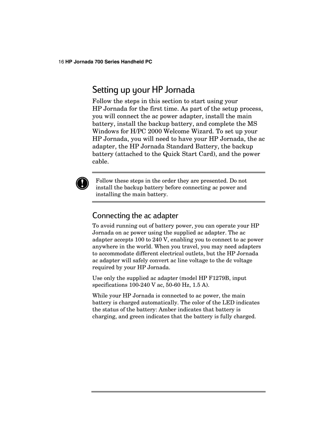 HP 700 manual Setting up your HP Jornada, Connecting the ac adapter 