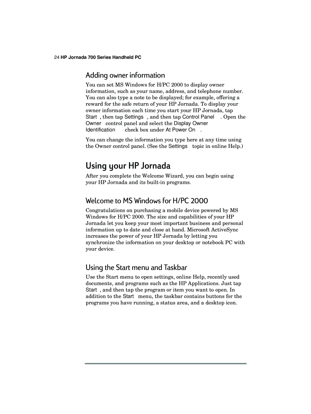 HP 700 Using your HP Jornada, Adding owner information, Welcome to MS Windows for H/PC, Using the Start menu and Taskbar 