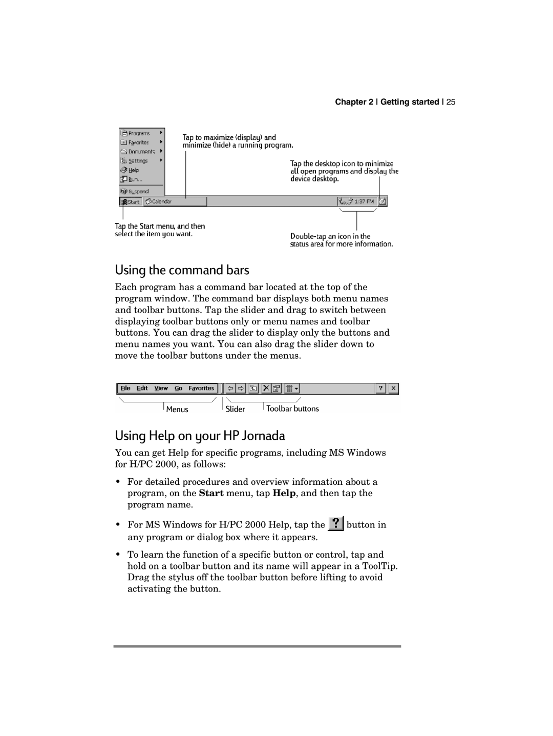 HP 700 manual Using the command bars, Using Help on your HP Jornada 