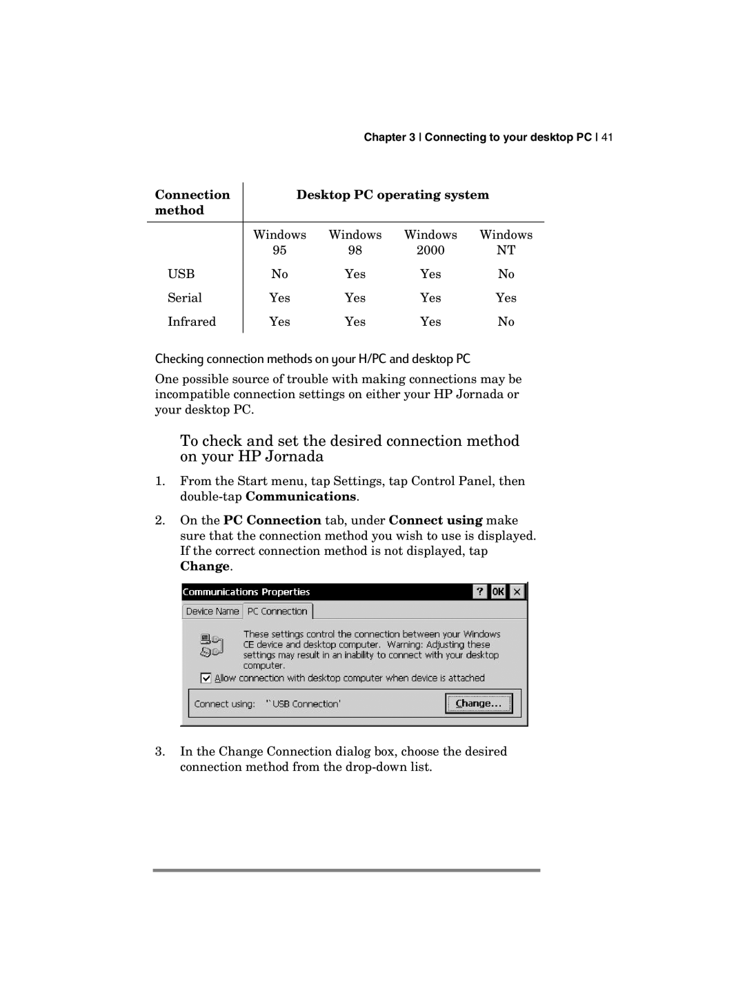 HP 700 manual Checking connection methods on your H/PC and desktop PC 