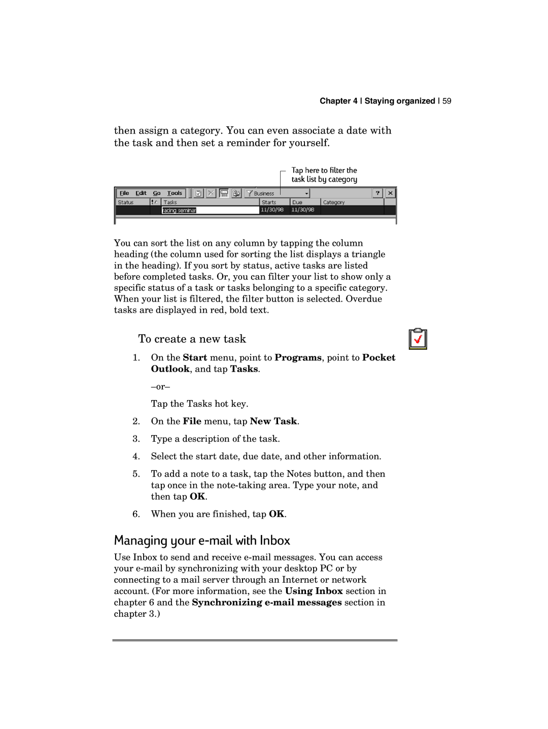 HP 700 manual Managing your e-mail with Inbox, To create a new task 