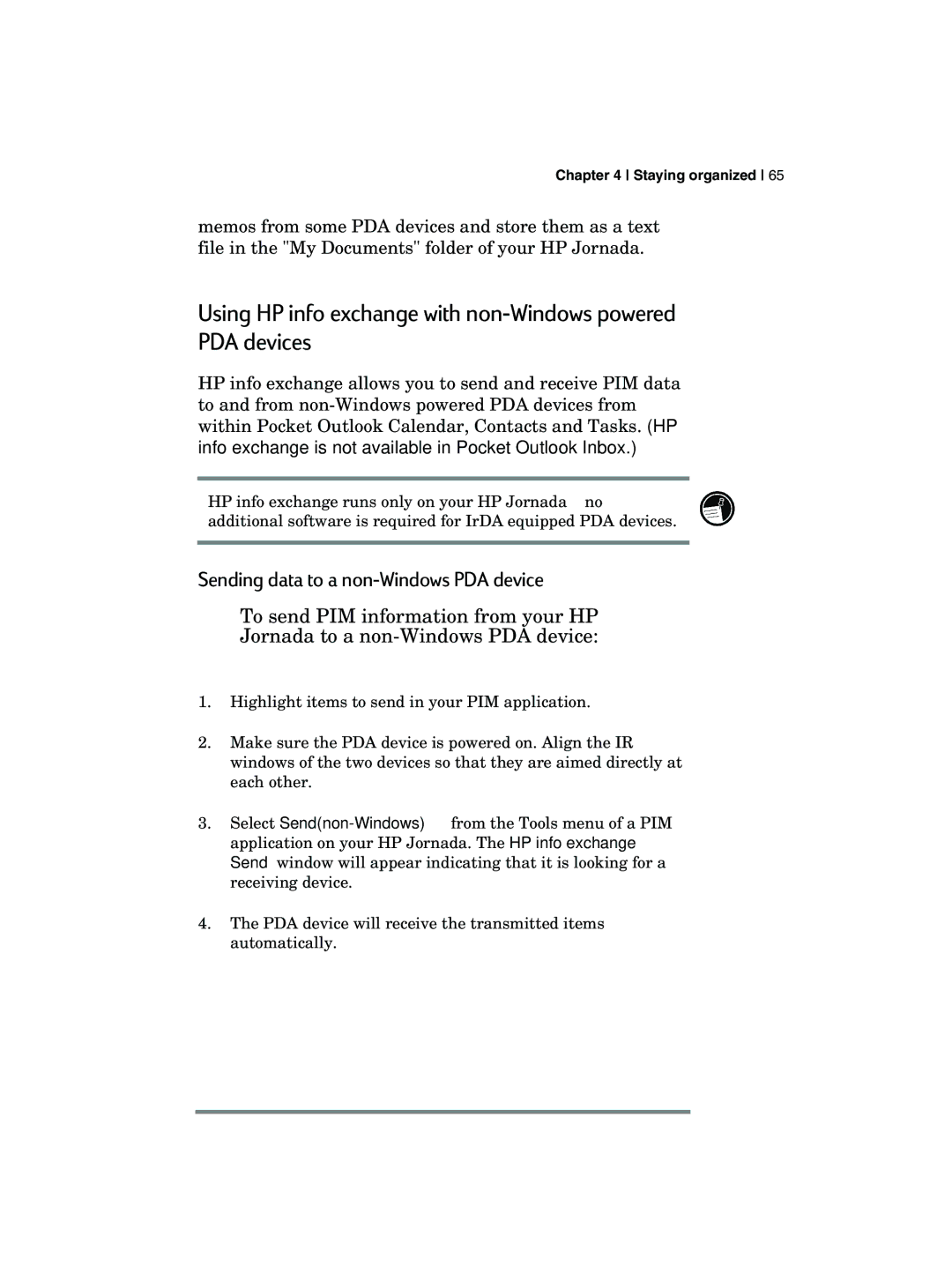 HP 700 manual Using HP info exchange with non-Windows powered PDA devices, Sending data to a non-Windows PDA device 