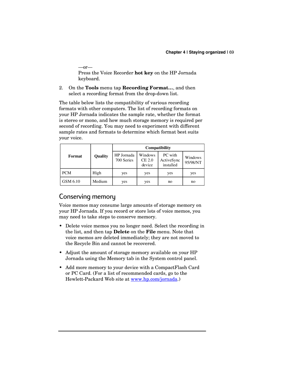 HP 700 manual Conserving memory, Compatibility Format Quality 