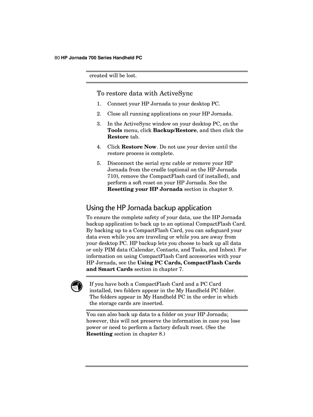 HP 700 manual Using the HP Jornada backup application, To restore data with ActiveSync 