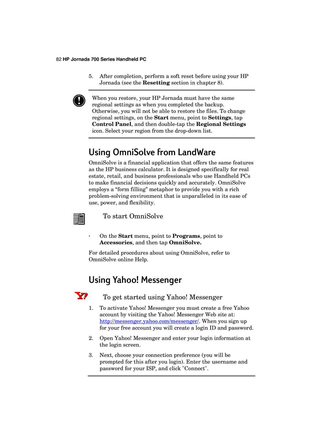 HP 700 Using OmniSolve from LandWare, Using Yahoo! Messenger, To start OmniSolve, To get started using Yahoo! Messenger 