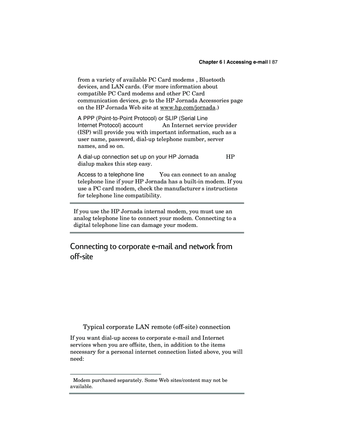 HP 700 manual Connecting to corporate e-mail and network from off-site, Typical corporate LAN remote off-site connection 