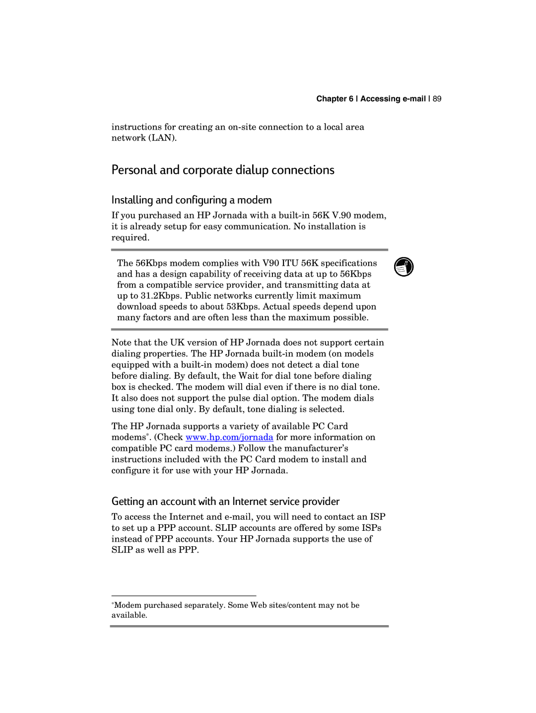 HP 700 manual Personal and corporate dialup connections, Installing and configuring a modem 