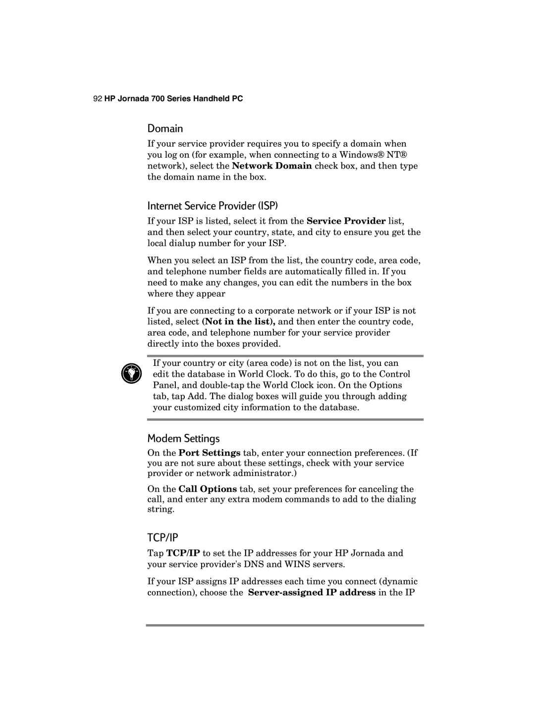 HP 700 manual Domain, Internet Service Provider ISP, Modem Settings 