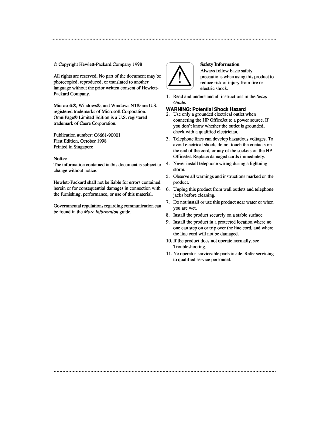 HP 700 manual Safety Information, WARNING Potential Shock Hazard 
