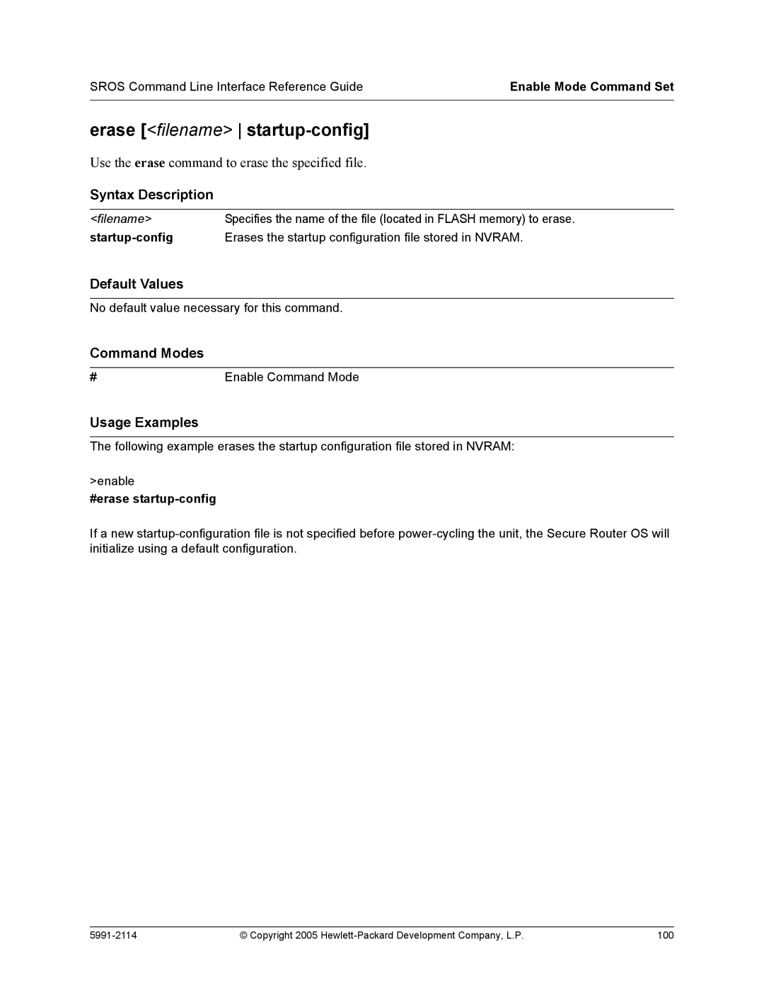 HP 7000 dl Router manual Erase filename startup-config, #erase startup-config 