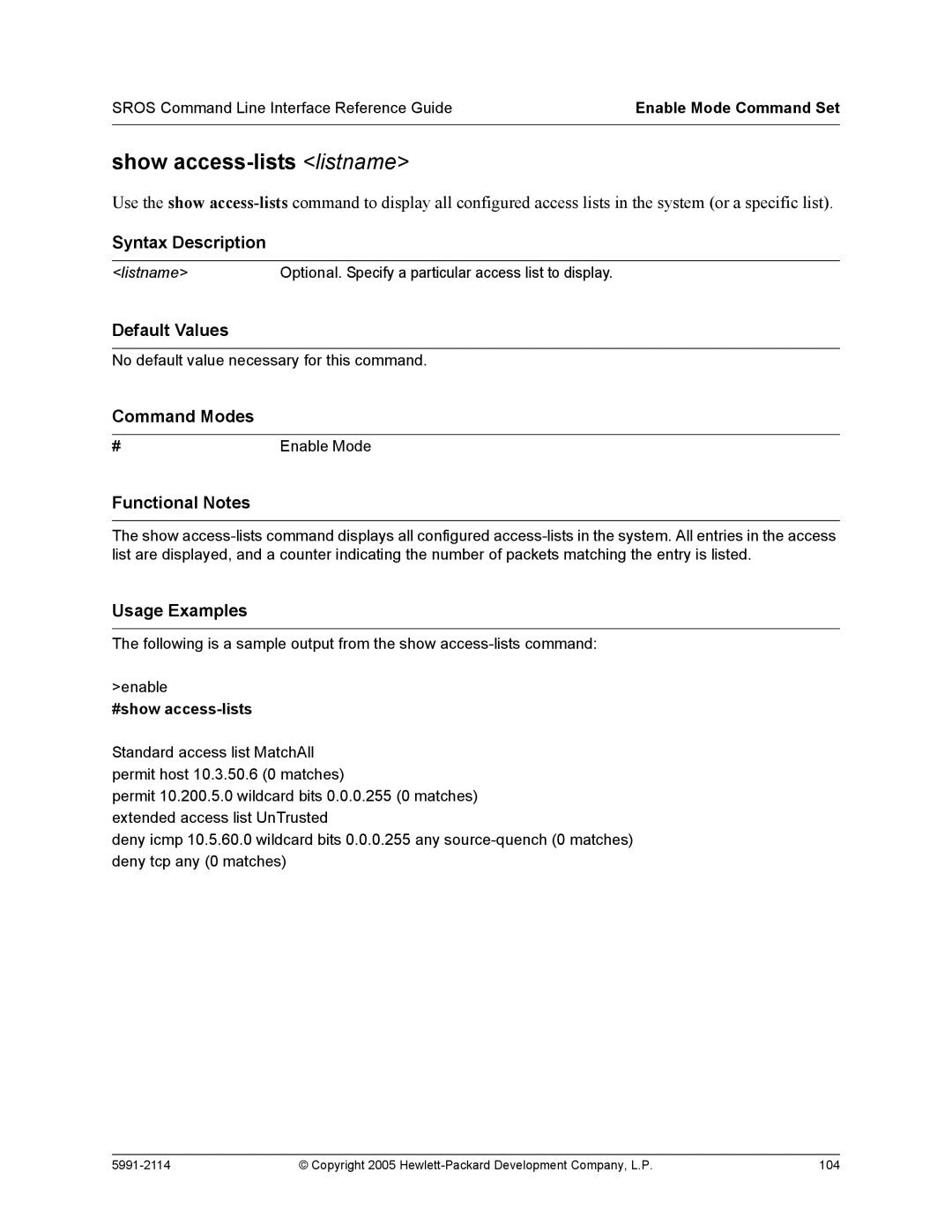 HP 7000 dl Router manual Show access-lists listname, #show access-lists 