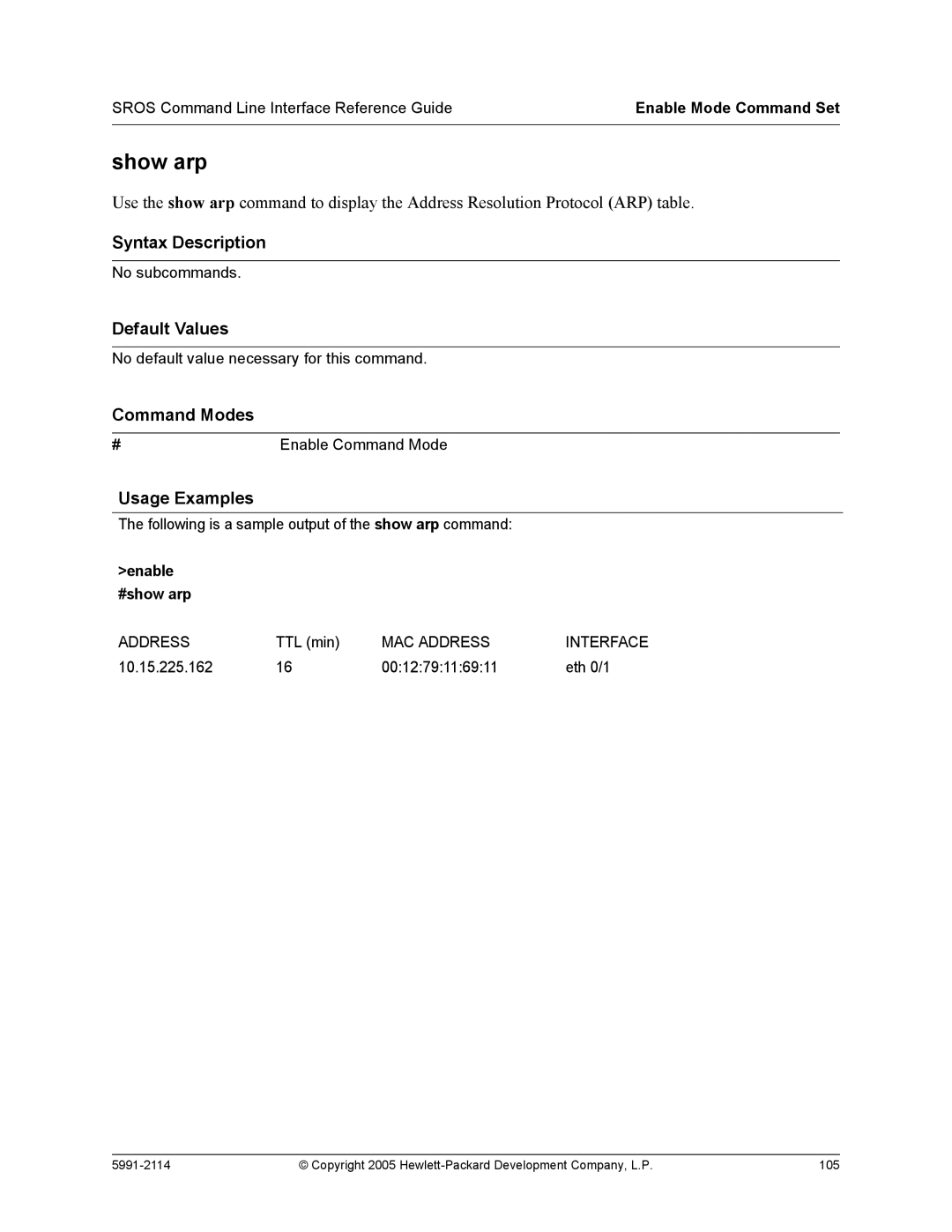 HP 7000 dl Router manual Show arp, Enable #show arp 