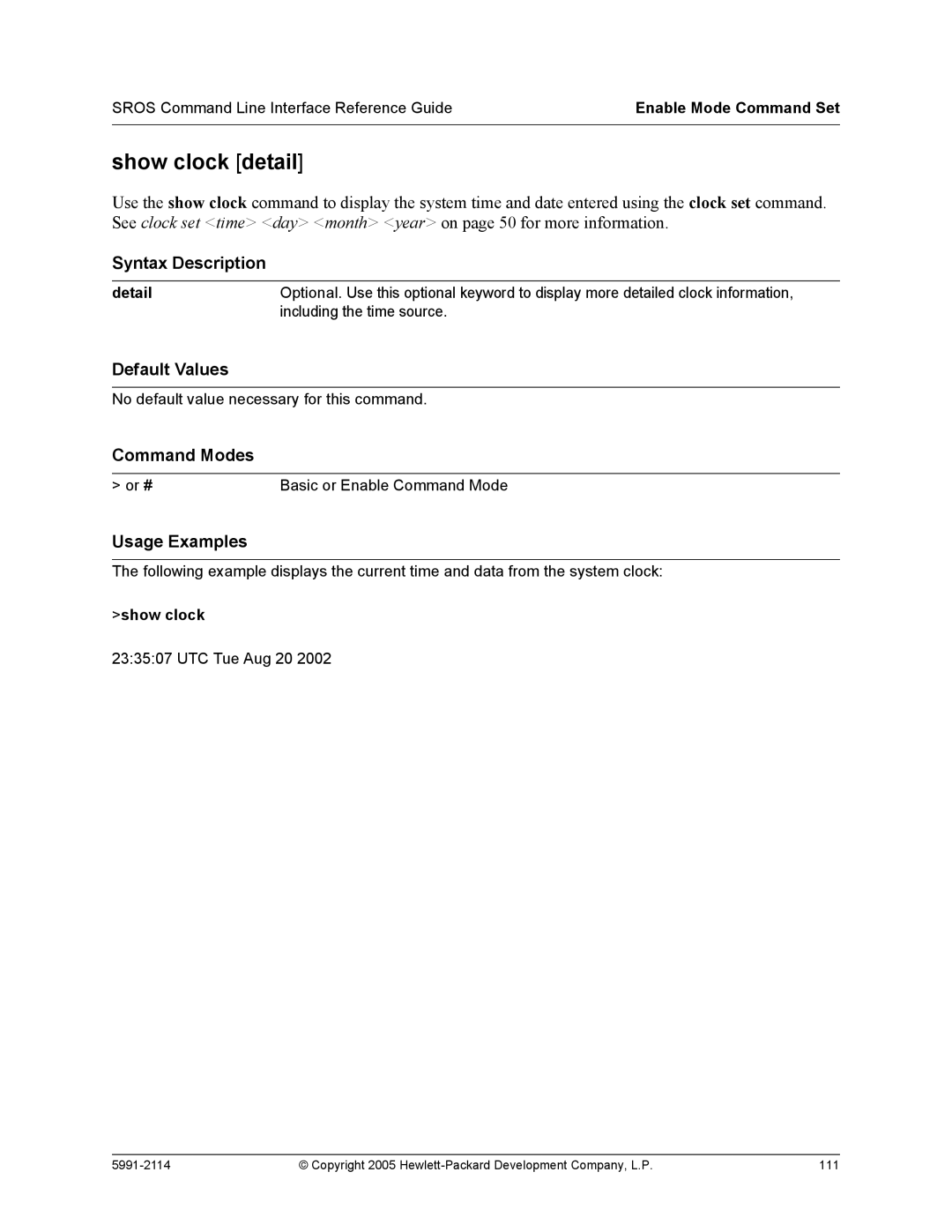 HP 7000 dl Router manual Show clock detail, Detail 