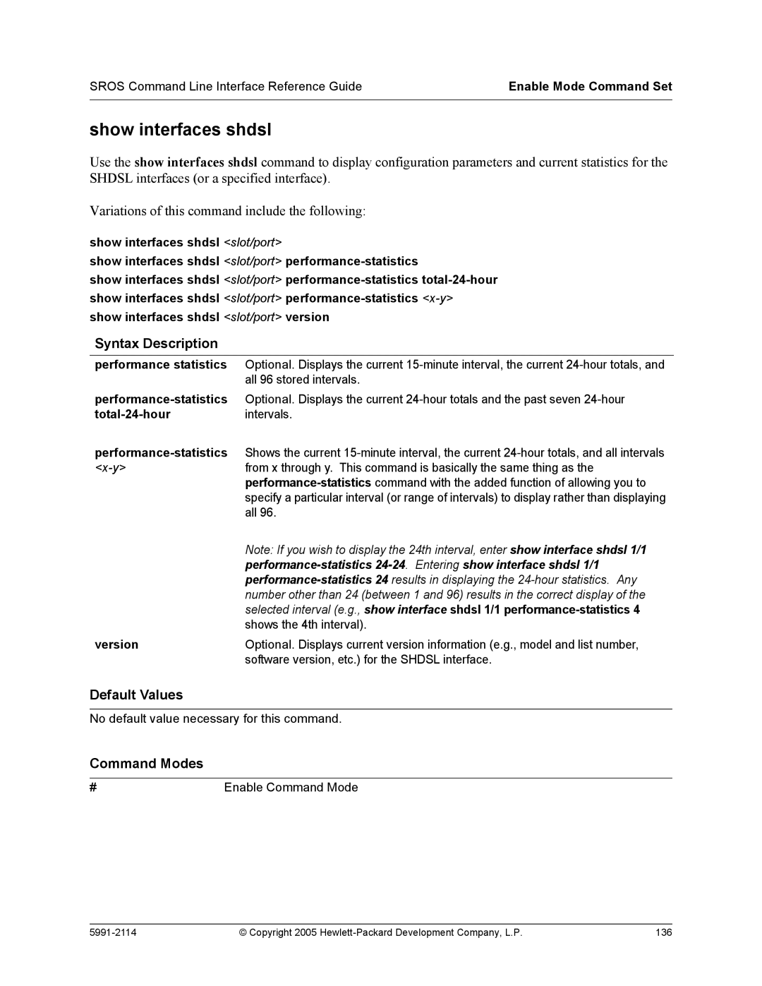 HP 7000 dl Router manual Show interfaces shdsl, Performance statistics, Performance-statistics, Total-24-hour, Version 