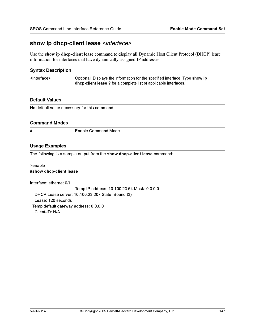 HP 7000 dl Router manual Show ip dhcp-client lease interface, #show dhcp-client lease 