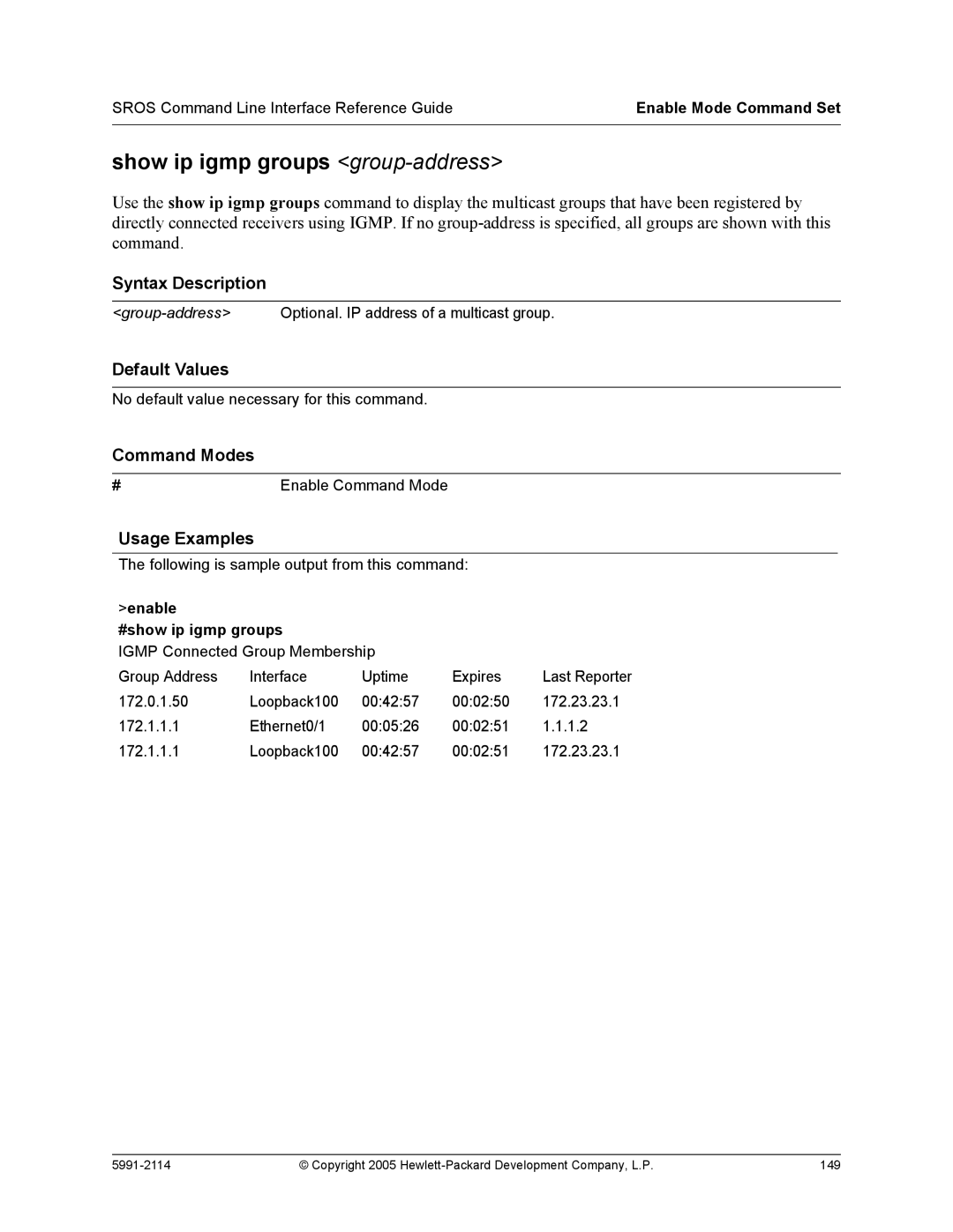 HP 7000 dl Router manual Show ip igmp groups group-address, Enable #show ip igmp groups 