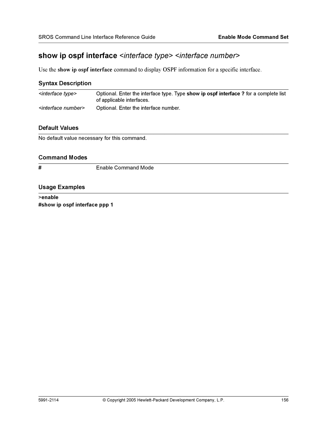 HP 7000 dl Router manual Show ip ospf interface interface type interface number, Enable #show ip ospf interface ppp 