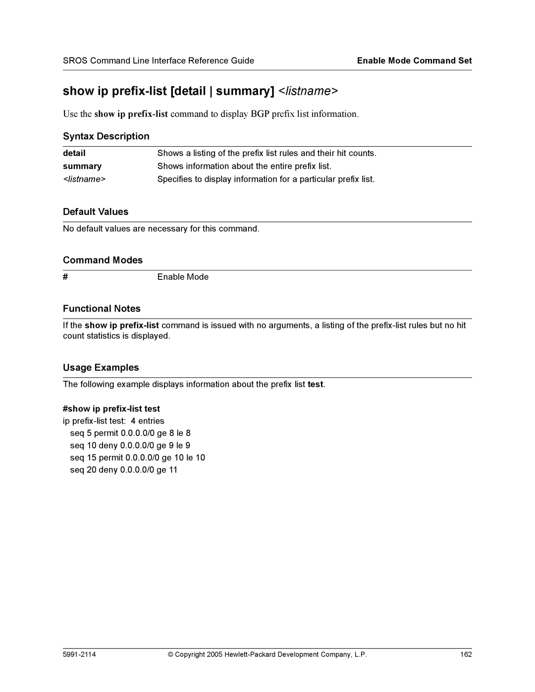 HP 7000 dl Router manual Show ip prefix-list detail summary listname, Summary 