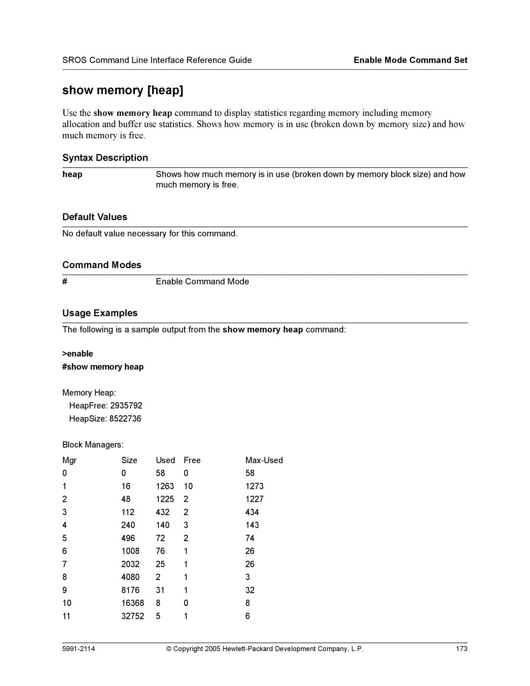 HP 7000 dl Router manual Show memory heap, Heap, Enable #show memory heap 