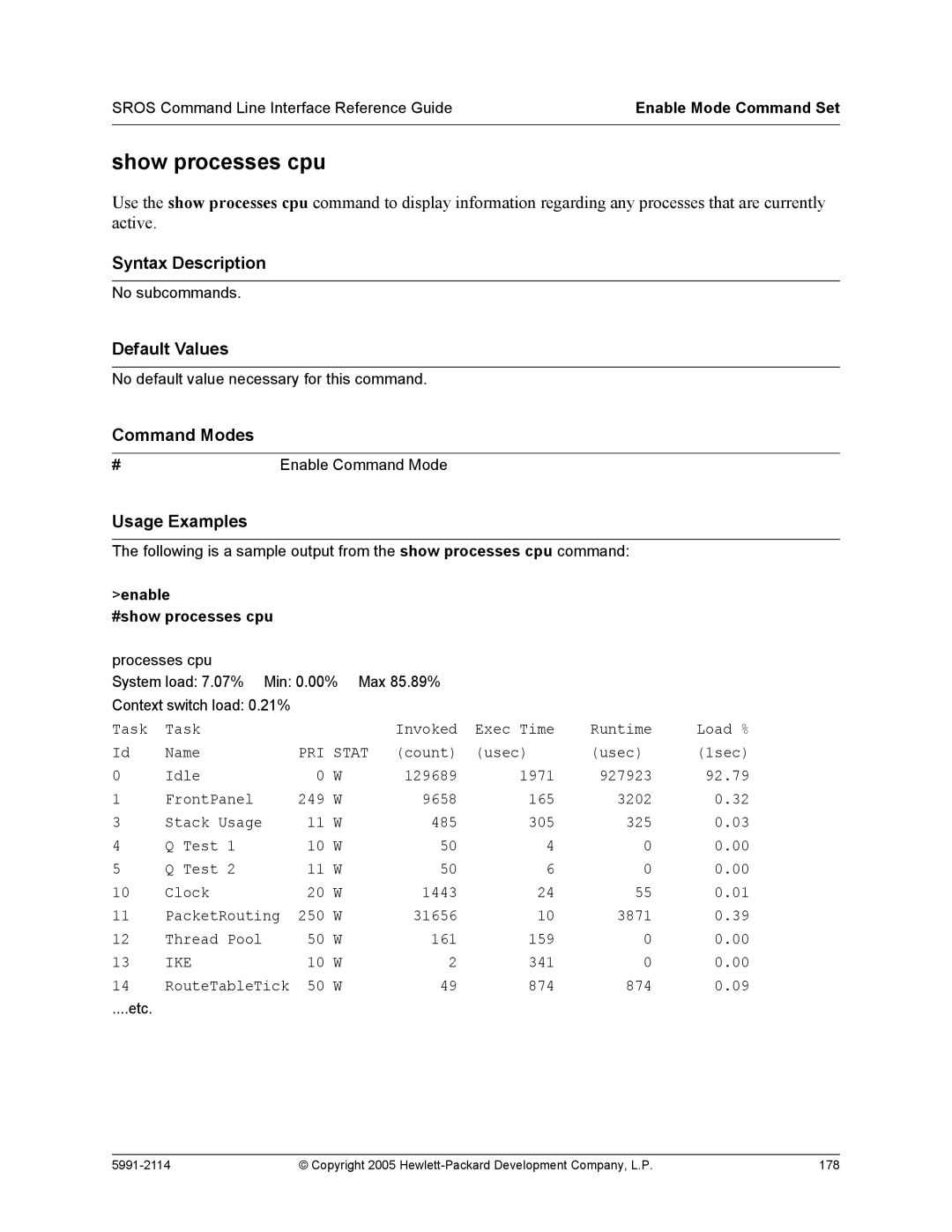 HP 7000 dl Router manual Show processes cpu, Enable #show processes cpu 