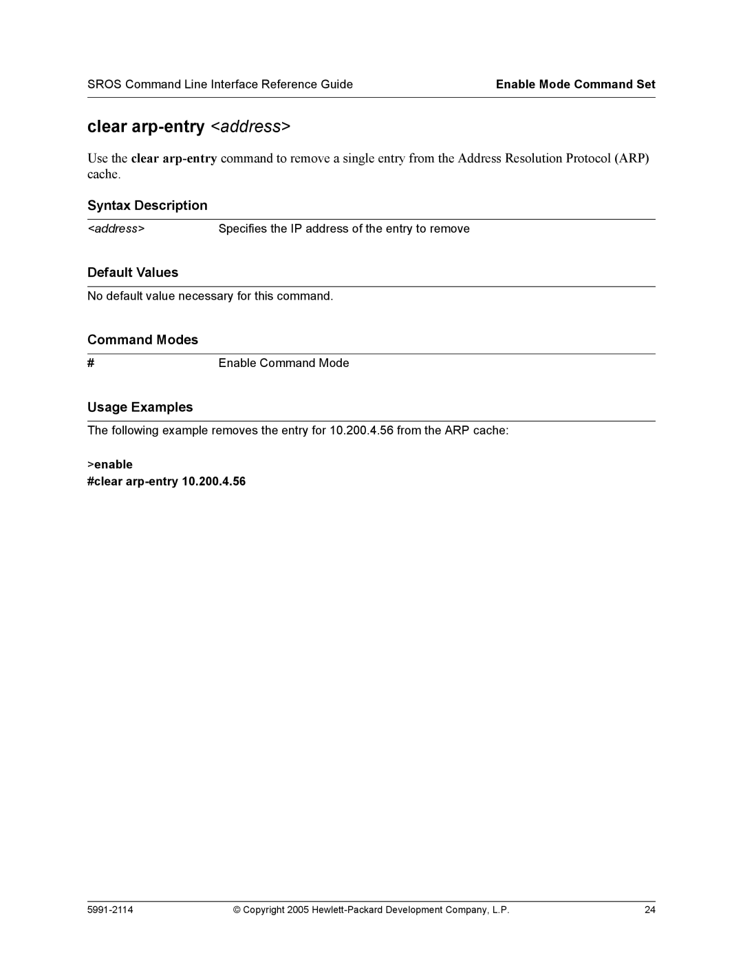 HP 7000 dl Router manual Clear arp-entry address, Enable #clear arp-entry 