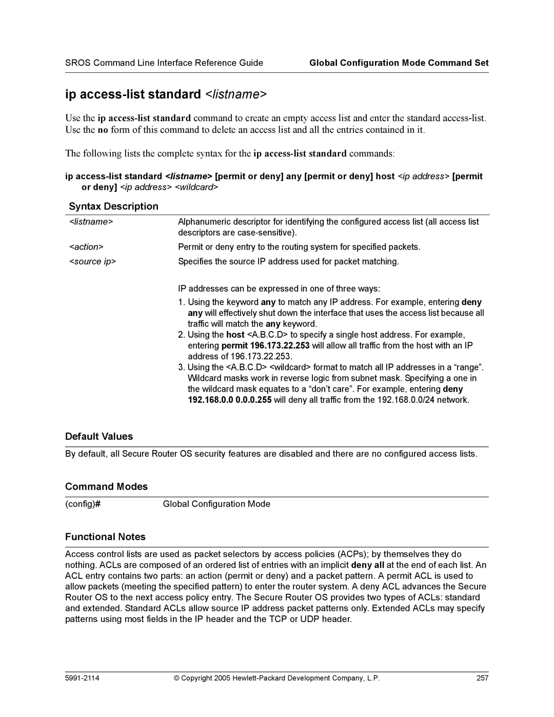 HP 7000 dl Router manual Ip access-list standard listname 