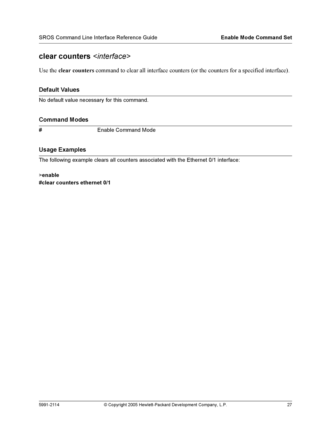 HP 7000 dl Router manual Clear counters interface, Enable #clear counters ethernet 0/1 