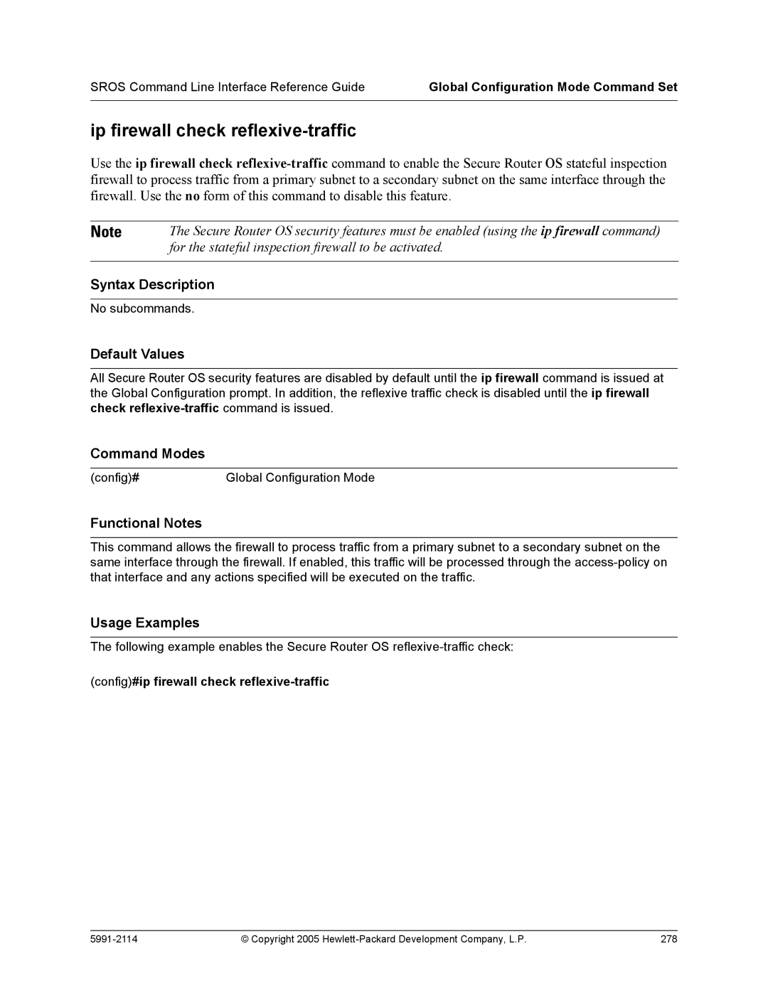 HP 7000 dl Router manual Ip firewall check reflexive-traffic, Config#ip firewall check reflexive-traffic 