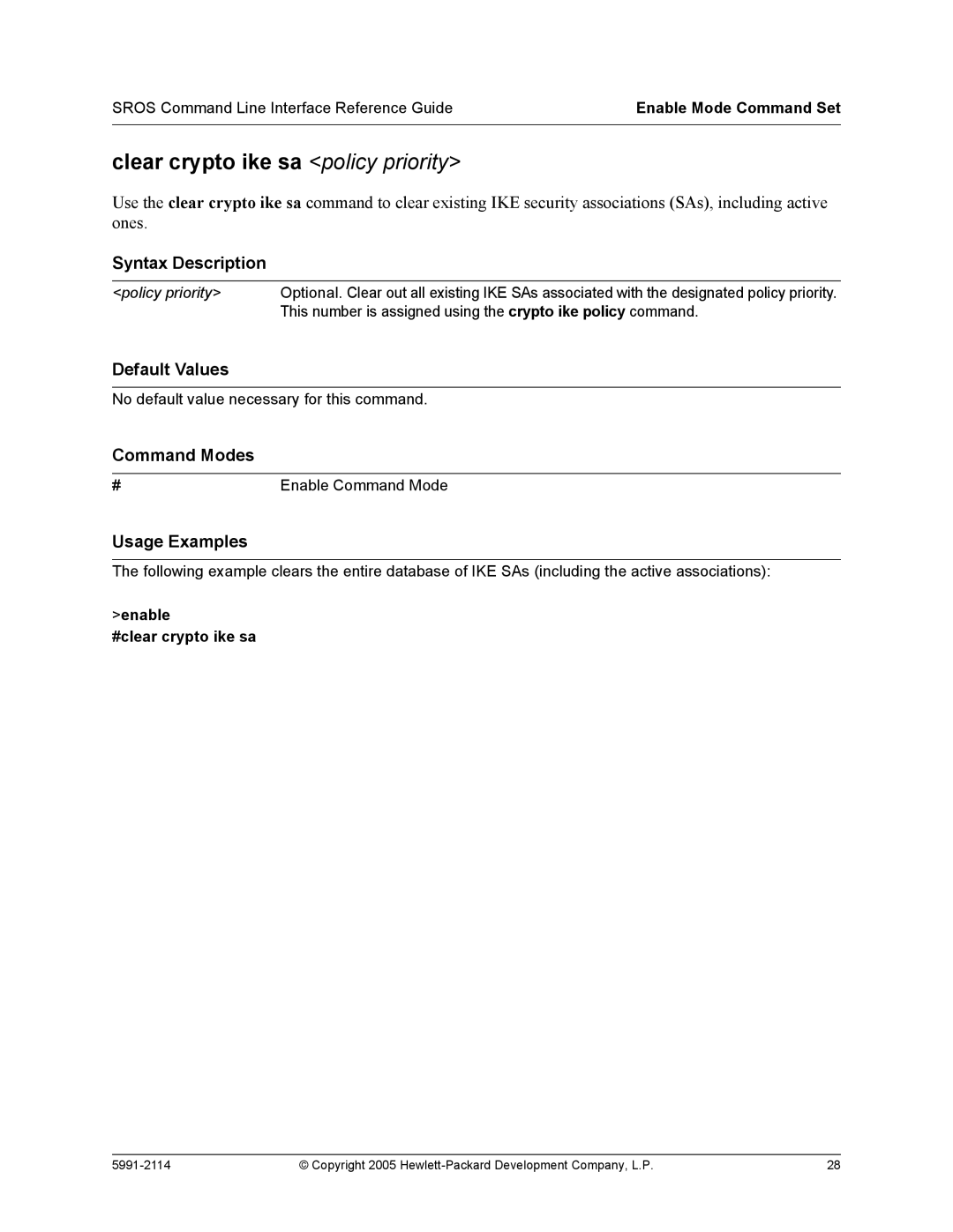 HP 7000 dl Router manual Clear crypto ike sa policy priority, Enable #clear crypto ike sa 