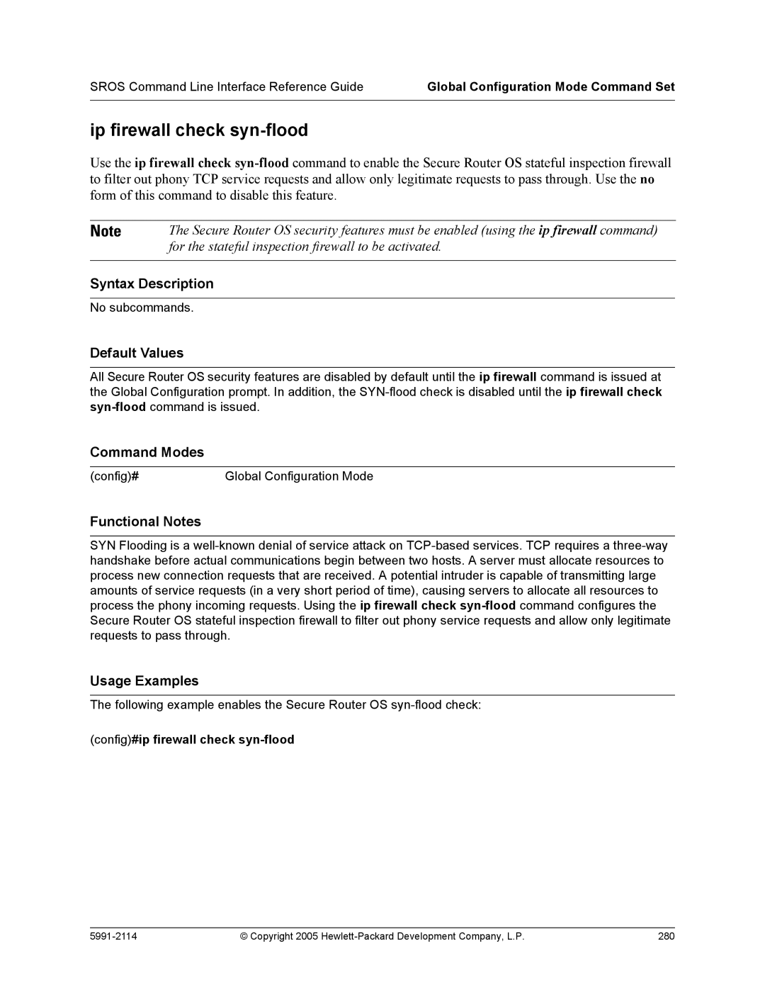 HP 7000 dl Router manual Ip firewall check syn-flood, Config#ip firewall check syn-flood 