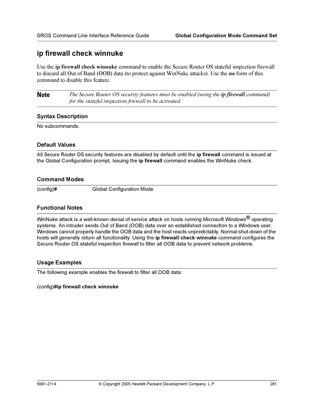 HP 7000 dl Router manual Ip firewall check winnuke, Config#ip firewall check winnuke 