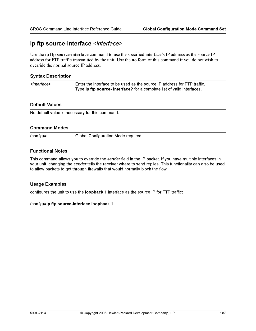 HP 7000 dl Router manual Ip ftp source-interface interface, Config#ip ftp source-interface loopback 