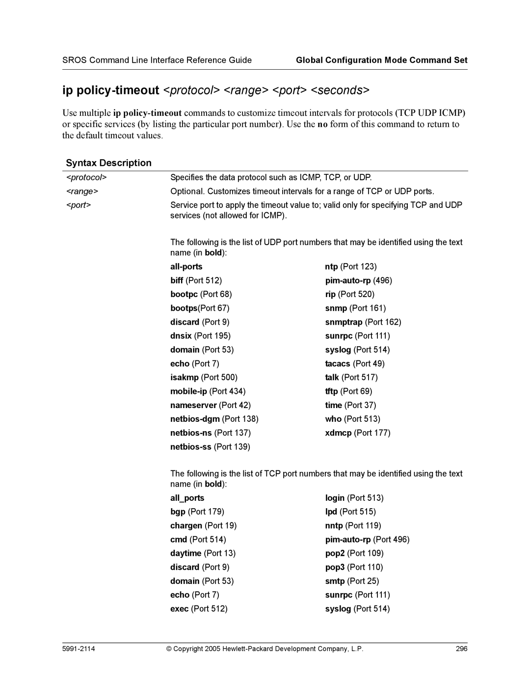 HP 7000 dl Router manual Ip policy-timeoutprotocol range port seconds, Allports 