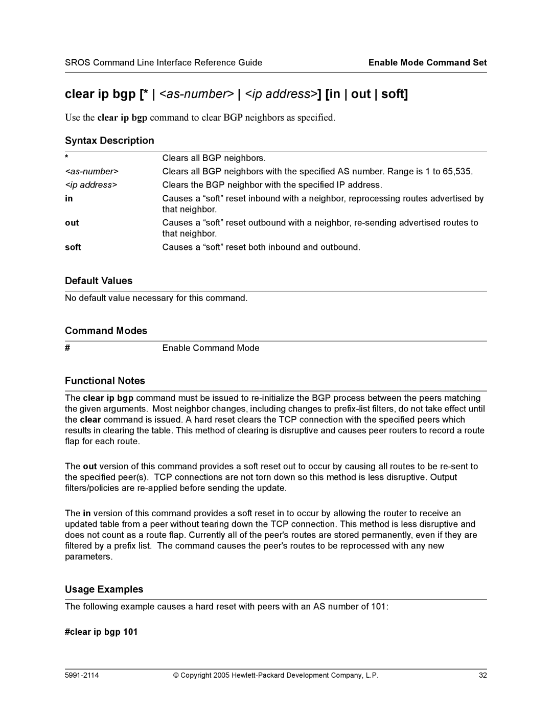 HP 7000 dl Router manual Clear ip bgp * as-number ip address in out soft, Out, Soft, #clear ip bgp 