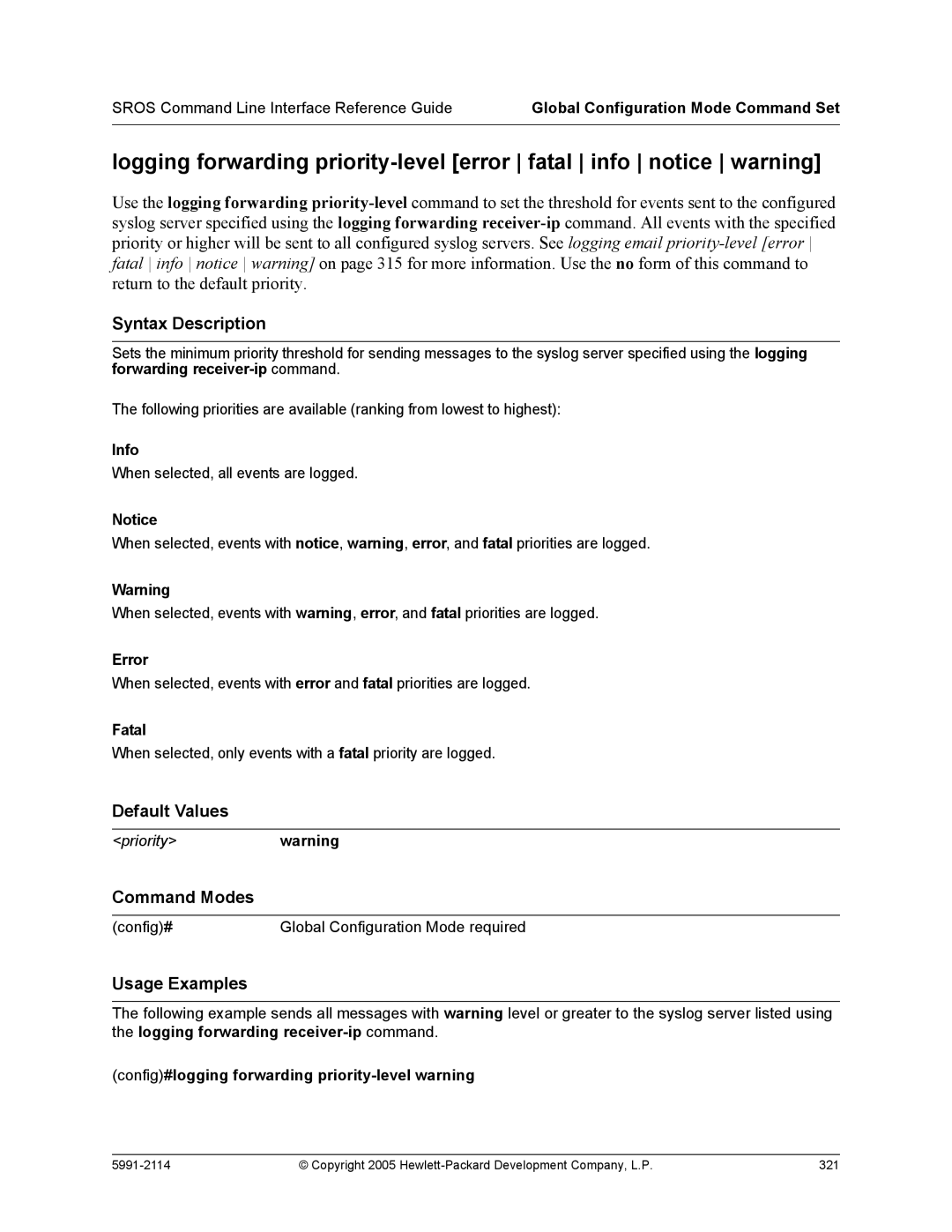 HP 7000 dl Router manual Info, Config#logging forwarding priority-level warning 