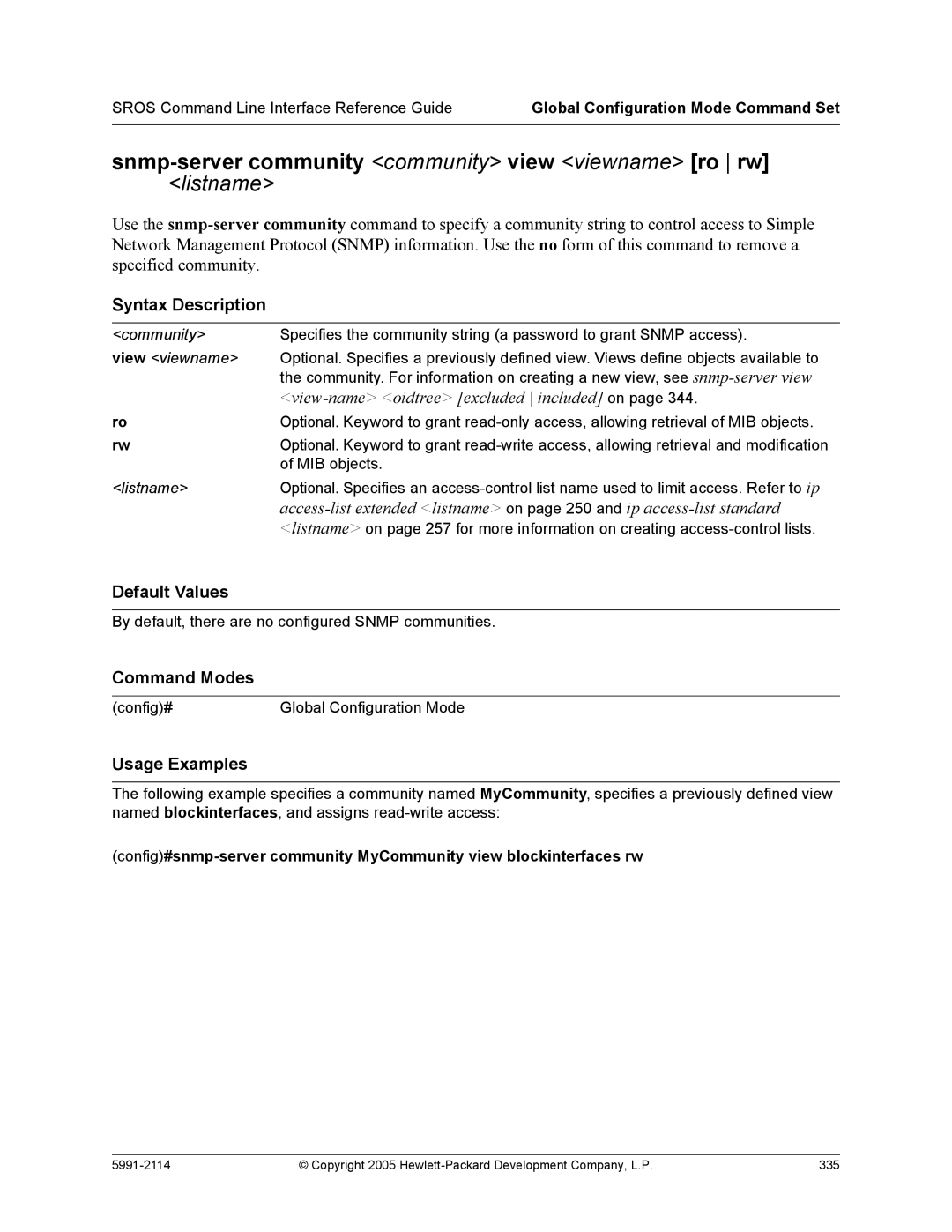 HP 7000 dl Router manual Snmp-server community community view viewname ro rw, Listname 