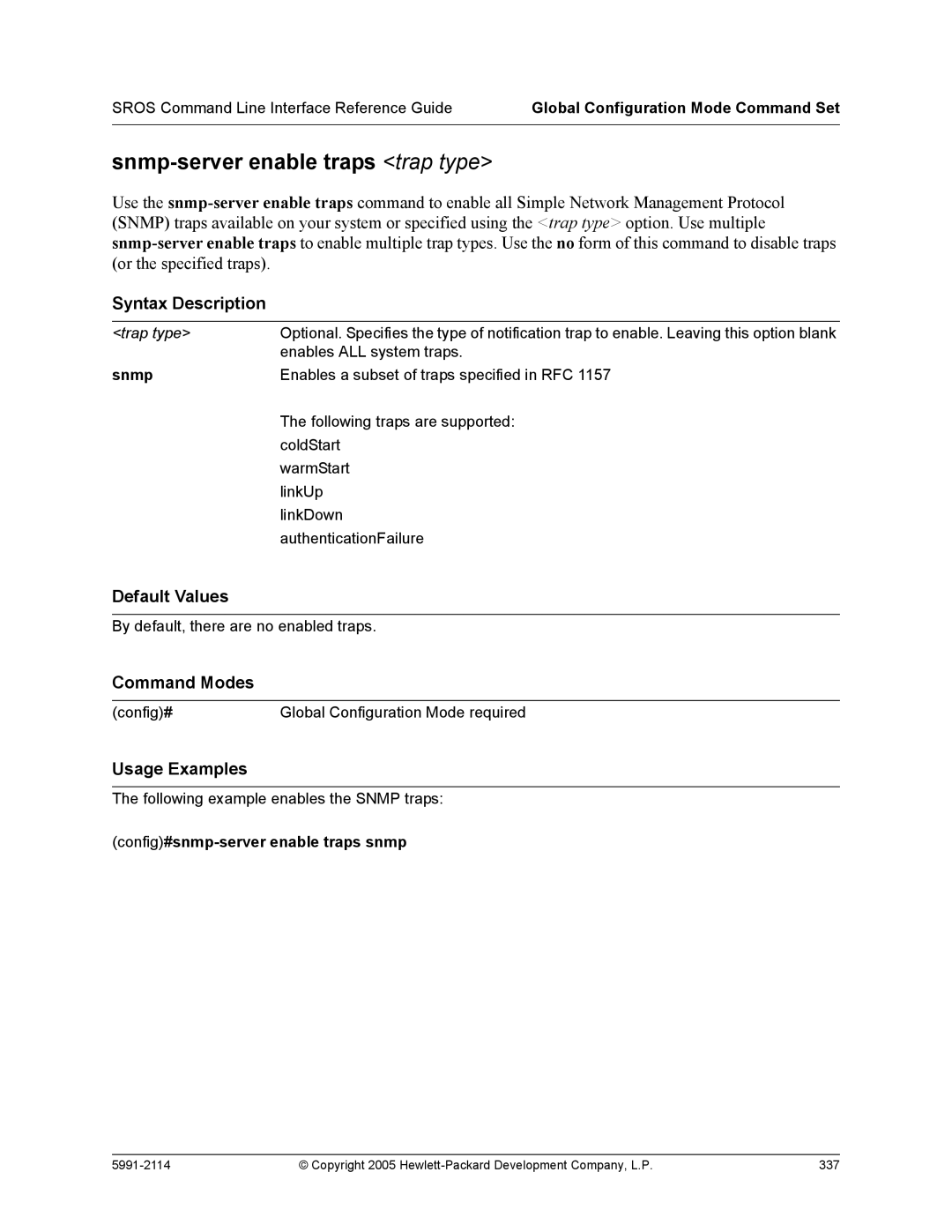 HP 7000 dl Router manual Snmp-server enable traps trap type, Config#snmp-server enable traps snmp 