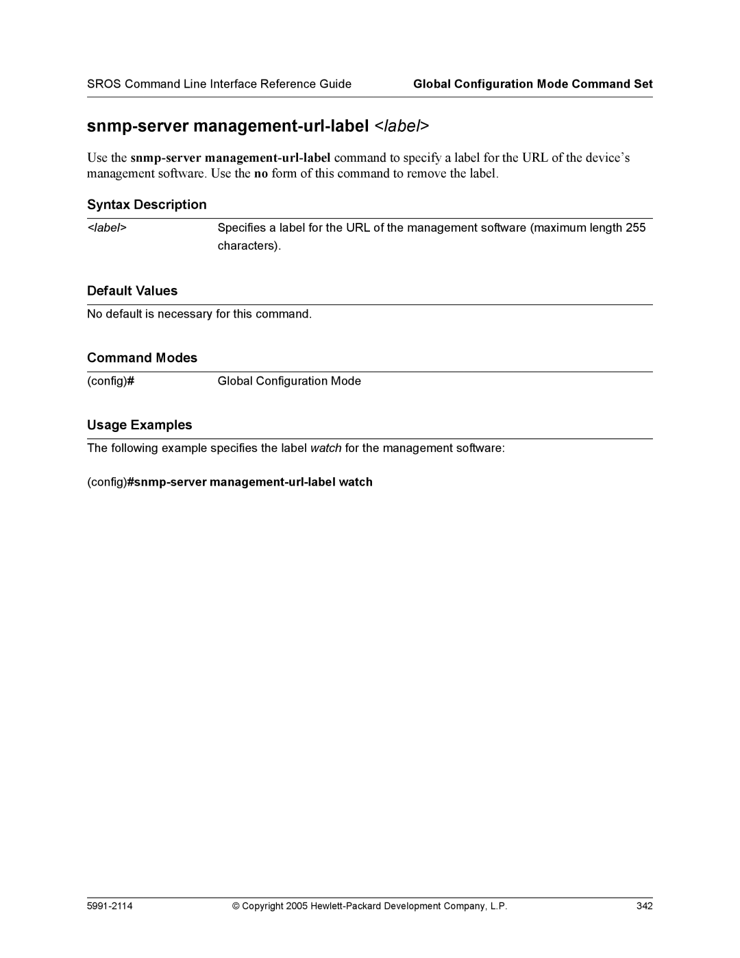 HP 7000 dl Router manual Snmp-server management-url-label label, Config#snmp-server management-url-label watch 