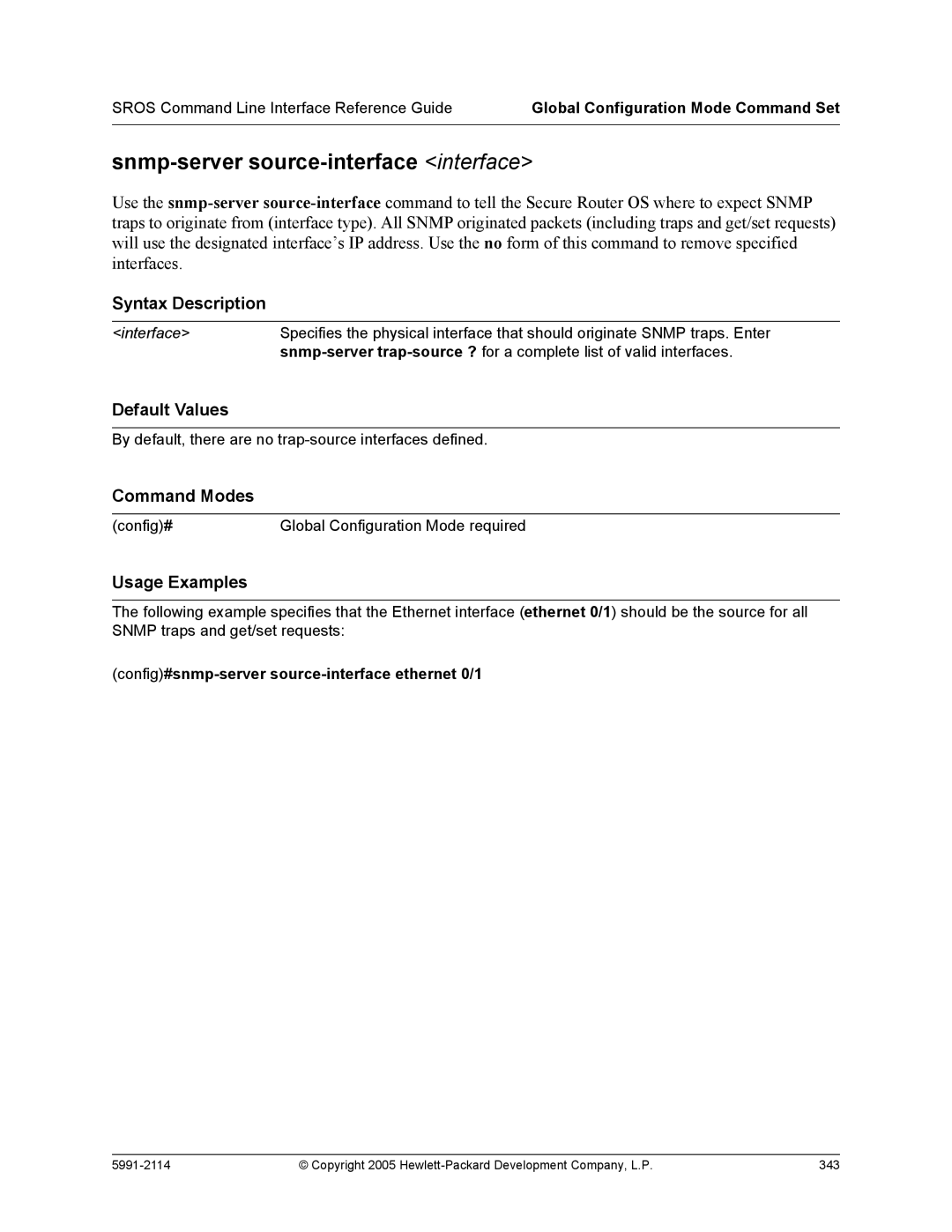 HP 7000 dl Router manual Snmp-server source-interface interface, Config#snmp-server source-interface ethernet 0/1 