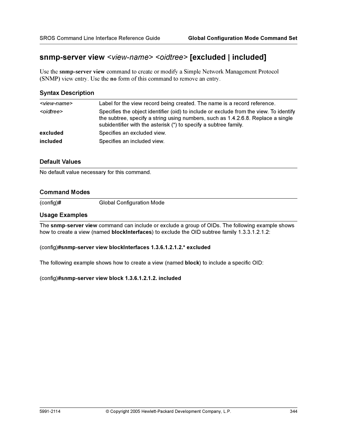 HP 7000 dl Router manual Snmp-server view view-name oidtree excluded included 