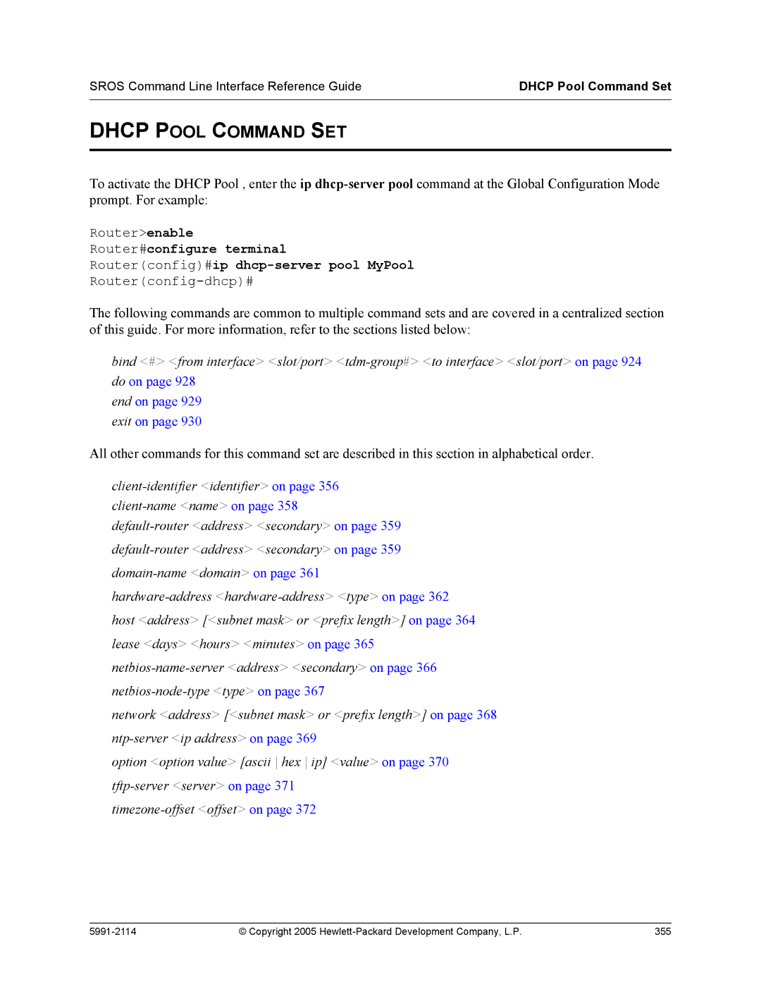 HP 7000 dl Router manual Dhcp Pool Command SET, Dhcp Pool Command Set 